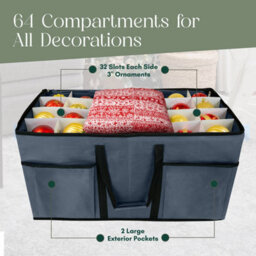 Pelle & Sol Christmas Bauble Storage Box, Grey - 128 Ornament Capacity With Padded Dividers, Zipped Lid And Carry Handles - thumbnail 6