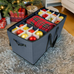 Pelle & Sol Christmas Bauble Storage Box, Grey - 128 Ornament Capacity With Padded Dividers, Zipped Lid And Carry Handles