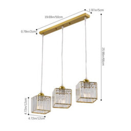 Thehotsale 3-Light Gold Height Adjustable Crystal Rectangular Lampshades Ceiling Pendant Light Chandelier - thumbnail 9