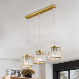 Thehotsale 3-Light Gold Height Adjustable Crystal Rectangular Lampshades Ceiling Pendant Light Chandelier - thumbnail 5