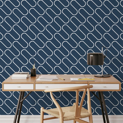 Muriva Navy Blue White Linear Curve Wavey Lines Minimalist Feature Wallpaper - image 1