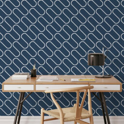 Muriva Navy Blue White Linear Curve Wavey Lines Minimalist Feature Wallpaper - thumbnail 2