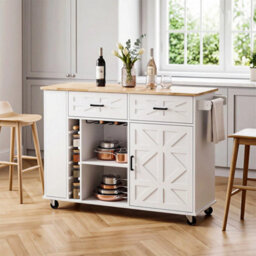 Kitchen Island With Side Storage Rack Mobile Kitchen Trolley Cart W/ Cabinet - thumbnail 3