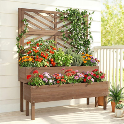 Yaheetech 2-Tier Fir Wood Raised Garden Bed With Trellis, Self-Draining, Dark Brown - image 1