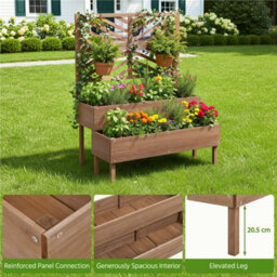 Yaheetech 2-Tier Fir Wood Raised Garden Bed With Trellis, Self-Draining, Dark Brown - thumbnail 4