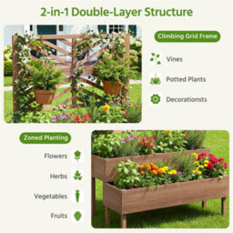 Yaheetech 2-Tier Fir Wood Raised Garden Bed With Trellis, Self-Draining, Dark Brown - thumbnail 5