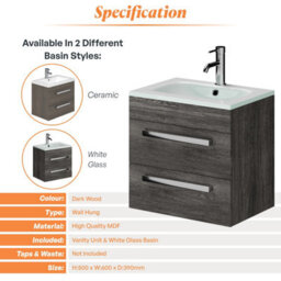 Plum&clay Novela Dark Wood Wall Hung Vanity Unit With White Glass Basin (W)600mm - thumbnail 6
