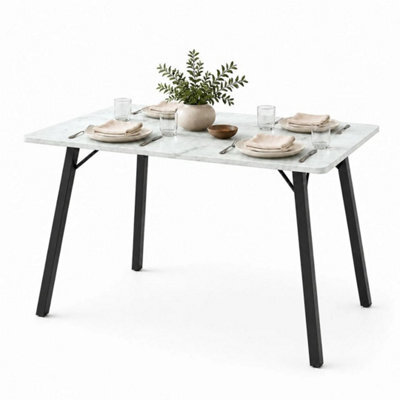 White Marble Wooden Rectangular Dining Table With Splayed Black Metal Legs Kitchen - image 1