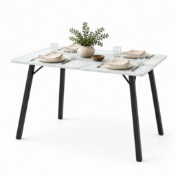 White Marble Wooden Rectangular Dining Table With Splayed Black Metal Legs Kitchen - thumbnail 1