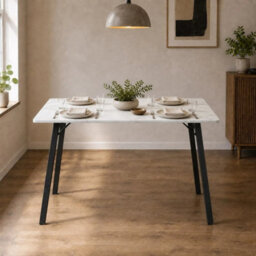 White Marble Wooden Rectangular Dining Table With Splayed Black Metal Legs Kitchen - thumbnail 3