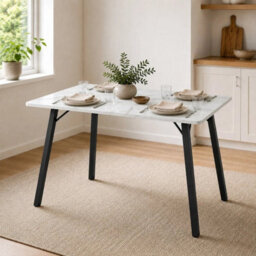White Marble Wooden Rectangular Dining Table With Splayed Black Metal Legs Kitchen - thumbnail 4