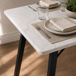 White Marble Wooden Rectangular Dining Table With Splayed Black Metal Legs Kitchen - thumbnail 6