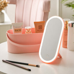 Living And Home Pink Portable Tabletop Vanity Travel Makeup Box Cosmetics Storage With Touch Control Led Mirror