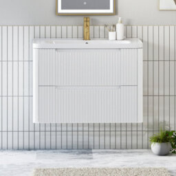 Royal Bathrooms Avenza 800mm Fluted Wall Hung Vanity Unit Matt White 2 Drawer Storage Cabinet With Ceramic Basin - thumbnail 1