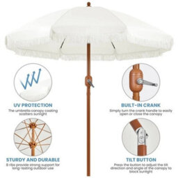 Garden Parasol Romantic French Style Patio Umbrella With Fringes 2.3M Cream - thumbnail 5