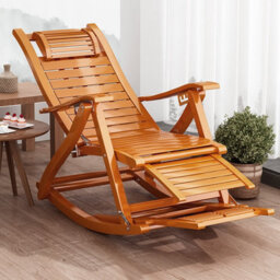 Living And Home Foldable Adjustable Bamboo Indoor And Outdoor Recliner Chair Sun Lounge Rocking Chair With Retractable Footrest Brown - thumbnail 1
