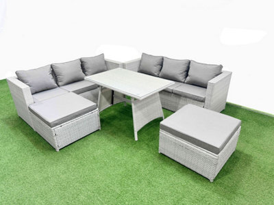 Fimous Rattan Garden Furniture Dining Set 8-Seater Patio Rectangular Table 3 Seater Sofa Set With 2 Big Stools Light Grey - image 1