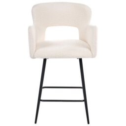 Wyld And Coco Luxehome Off-White Bouclé Bar Chairs - Set Of 2, Cut-Out Backrest, Armrests, Matt Iron Legs - thumbnail 1