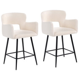 Wyld And Coco Luxehome Off-White Bouclé Bar Chairs - Set Of 2, Cut-Out Backrest, Armrests, Matt Iron Legs - thumbnail 4