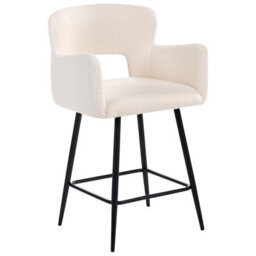 Wyld And Coco Luxehome Off-White Bouclé Bar Chairs - Set Of 2, Cut-Out Backrest, Armrests, Matt Iron Legs - thumbnail 6