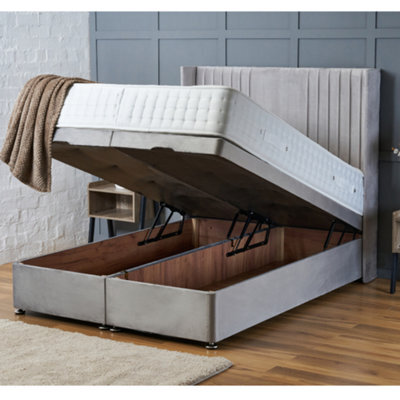 Bsspoke Ottoman Divan Bed Silver Plush Velvet With 25Cm Orthopaedic Mattress & 138Cm Headboard End Lift Up Storage In All Sizes - image 1