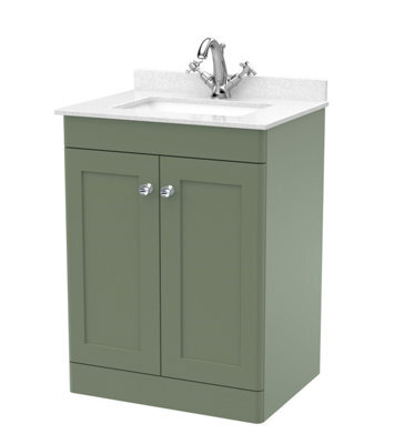 Balterley Swynnerton Traditional 2 Door Floor Standing Vanity Unit With Marble Basin, Satin Green, 600mm - image 1