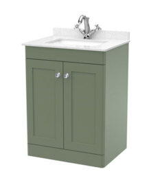 Balterley Swynnerton Traditional 2 Door Floor Standing Vanity Unit With Marble Basin, Satin Green, 600mm