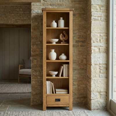 The Furniture Market Rustic Oak Tall Narrow Alcove Adjustable 5 Shelf Bookcase With Drawer