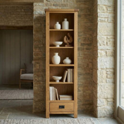 The Furniture Market Rustic Oak Tall Narrow Alcove Adjustable 5 Shelf Bookcase With Drawer