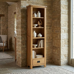 The Furniture Market Rustic Oak Tall Narrow Alcove Adjustable 5 Shelf Bookcase With Drawer - thumbnail 2