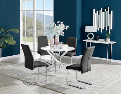 Furniturebox Novara White High Gloss 100Cm Round Dining Table With Chrome Starburst Legs & 4 Black Lorenzo Faux Leather Chairs - image 1