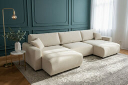 Stratus Interiors White U-Shape 6 Seater Sofa Bed With Sleeping Function & Bedding Storage - Highly Elastic Foam Fabric Sofa W336 X D140 X H88 Cm