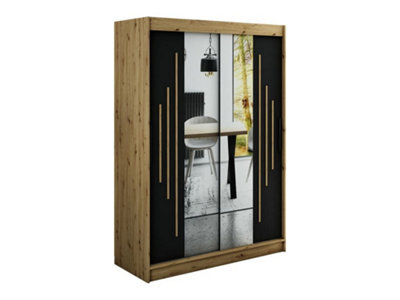 Arte Leto Y1 Contemporary Mirrored 2 Sliding Door Wardrobe 5 Shelves 2 Rails Black Matt And Oak Effect (H)2000mm (W)1500mm (D)620mm - image 1