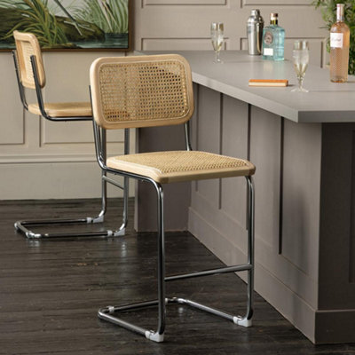 Where Saints Go Ltd Cesca Bar Stool Natural Cane Rattan Seat Chrome Cantilever Tubular Frame 64Cm