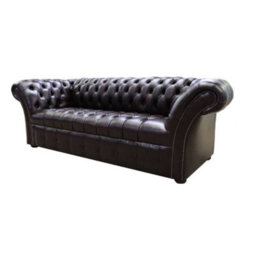 Chesterfield 3 Seater Buttoned Seat Leather Sofa Antique Brown In Balmoral Style - thumbnail 3