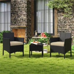 Black/khaki 3-Piece Rattan Furniture Set Outdoor Patio Furniture Table & Chairs W/ Cushions - thumbnail 4