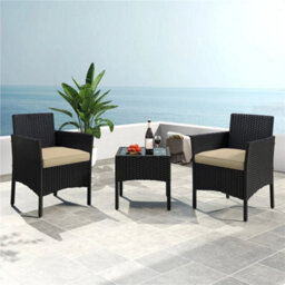 Black/khaki 3-Piece Rattan Furniture Set Outdoor Patio Furniture Table & Chairs W/ Cushions - thumbnail 3