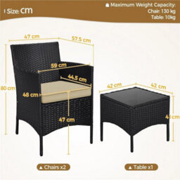 Black/khaki 3-Piece Rattan Furniture Set Outdoor Patio Furniture Table & Chairs W/ Cushions - thumbnail 2