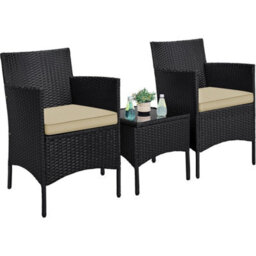 Black/khaki 3-Piece Rattan Furniture Set Outdoor Patio Furniture Table & Chairs W/ Cushions - thumbnail 1