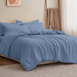 Moonlight Bedding Plain Microfibre 3 Piece Duvet Cover Set With Fitted Sheet, Single (Washed Blue, 135X200Cm)
