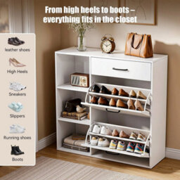 Shoe Cabinet With Flip Drawers& Open Shelves Freestanding Shoe Rack Cabinet - thumbnail 6