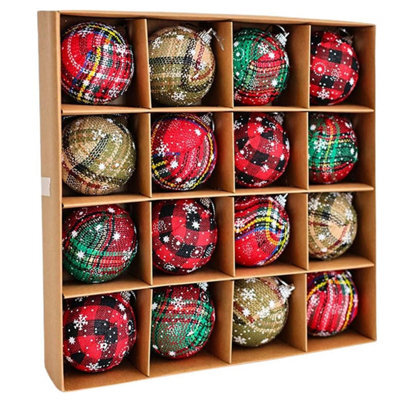 CLEFFNS 16Pcs Christmas Plaid Ball Ornaments 2.36Inch Christmas Tree Hanging Baubles With Snowflake Star Pattern Fabric Wrapped Xmas Balls - image 1