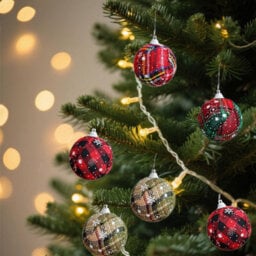 CLEFFNS 16Pcs Christmas Plaid Ball Ornaments 2.36Inch Christmas Tree Hanging Baubles With Snowflake Star Pattern Fabric Wrapped Xmas Balls - thumbnail 8