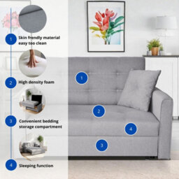 Sofa Bed With Sleeping Function Viva Lux Iii Light Grey Wooden Frame And Wavy Springs Freestanding Compact Settee For Guest Room - thumbnail 6