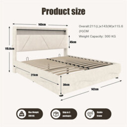 Abrihome Modern Double Bed With Led Headboard & Under-Bed Storage, Usb Ports, Quiet Slatted Base & Side Pockets,135X190Cm, Beige - thumbnail 7