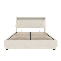 Abrihome Modern Double Bed With Led Headboard & Under-Bed Storage, Usb Ports, Quiet Slatted Base & Side Pockets,135X190Cm, Beige - thumbnail 9
