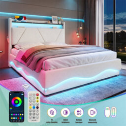 Abrihome Modern Double Bed With Led Headboard & Under-Bed Storage, Usb Ports, Quiet Slatted Base & Side Pockets,135X190Cm, Beige - thumbnail 4