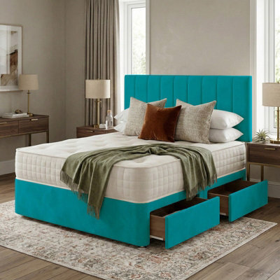 Adore Designs Portland Plush Velvet Divan Bed, Headboard - 4Ft6 Double - Mallard - 0 Drawers - image 1