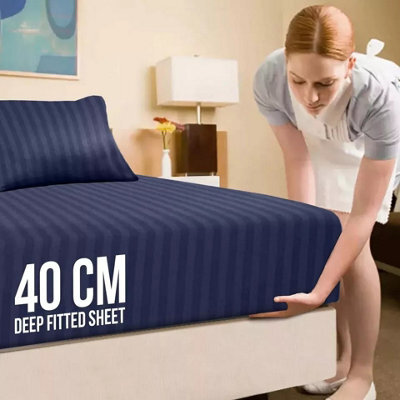 Ameha Stripe Fitted Sheet 40 Cm Deep Pocket- Hypoallergenic Easy Care Navy Bed Sheets Uk King Bedsheet(152X200Cm) - image 1