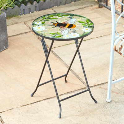 My Smart Buy Bee Glass Table - 50 X 35 Cm Hand-Painted Bee Design, Folding Metal Legs, Perfect For Patios, Balconies, Conservatories - image 1